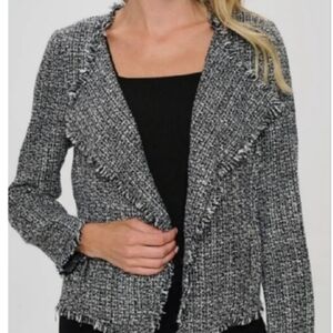 Akris Punto Black and White Tweed Padded Shoulders Open Fringe Cardigan Jacket